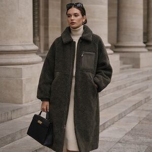 DKNY teddy coat women M khaki midi warm cozy full zip old money luxury capsule